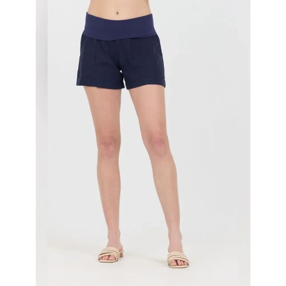 Fresh Laundry Women's Linen Foldover Shorts in Navy Blue Size Medium